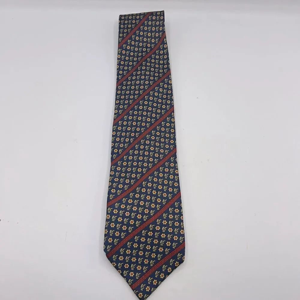 VERSACE CLASSIC V2 Navy Blue and Yellow Floral Pattern Silk Necktie